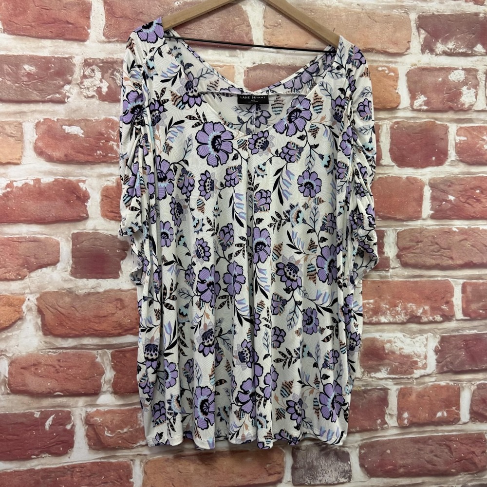 Lane Bryant Top Women's 26/28 Multicolor Floral Ruched Sleeve Casual Shirt - Picture 2 of 9